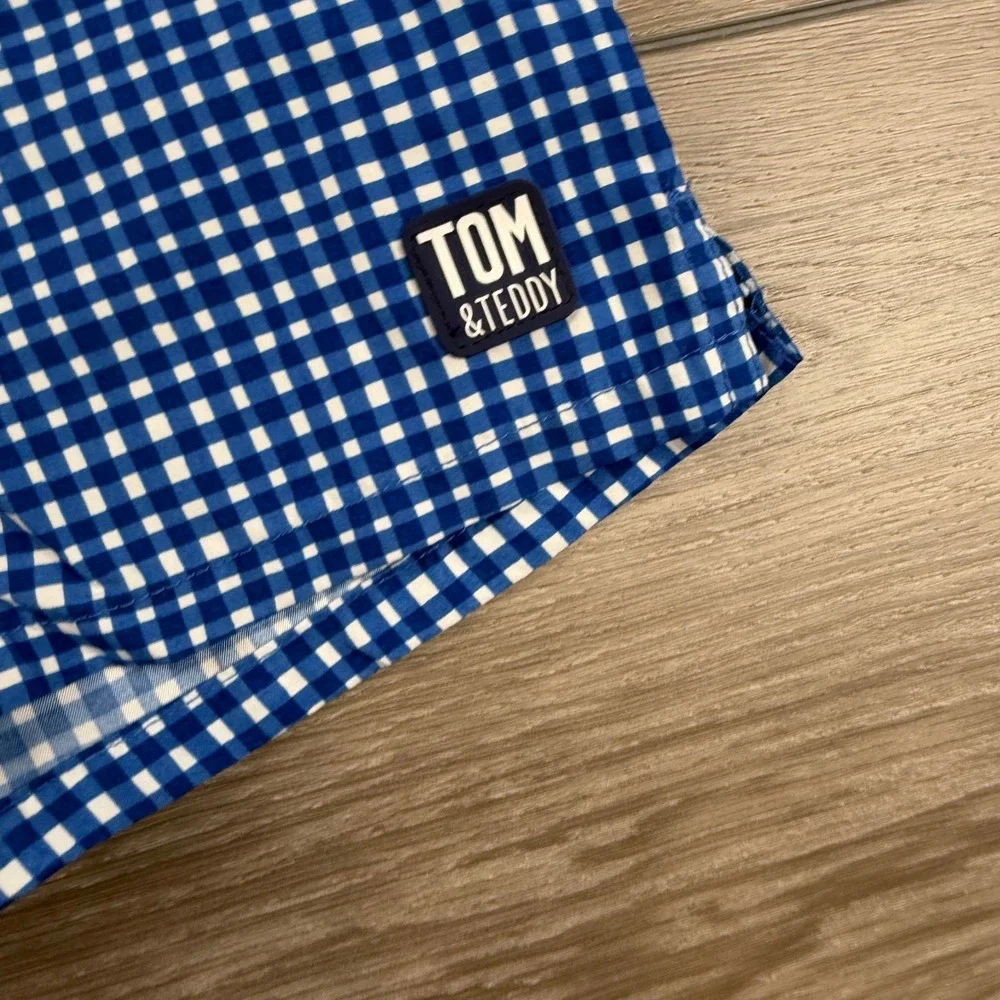 Tom & Teddy Mens Swim Trunks Gingham Check Blue White Size M